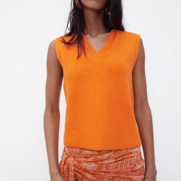Orange Zara Ribbed V-Neck Sleeveless Sweater Top (NWT) - Picture 5 of 9